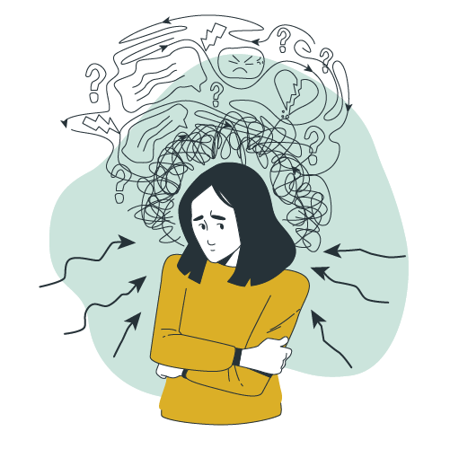 illustration of teen girl surrounded by dark arrows and lines to show how depression affects the teen mind, something that Therapy for Teens at BainHWC deals with