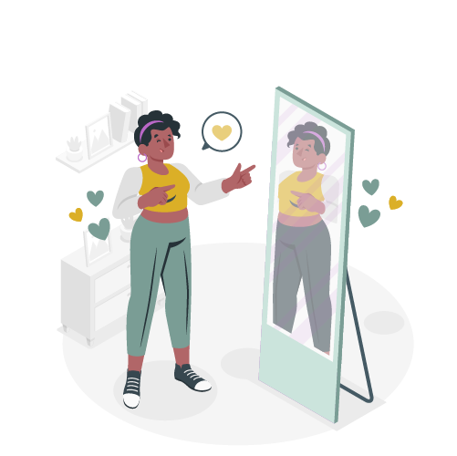 illustration of african american teen looking at herself in the mirror demonstrating the power of building self esteem learned during Therapy for Teens at BainHWC