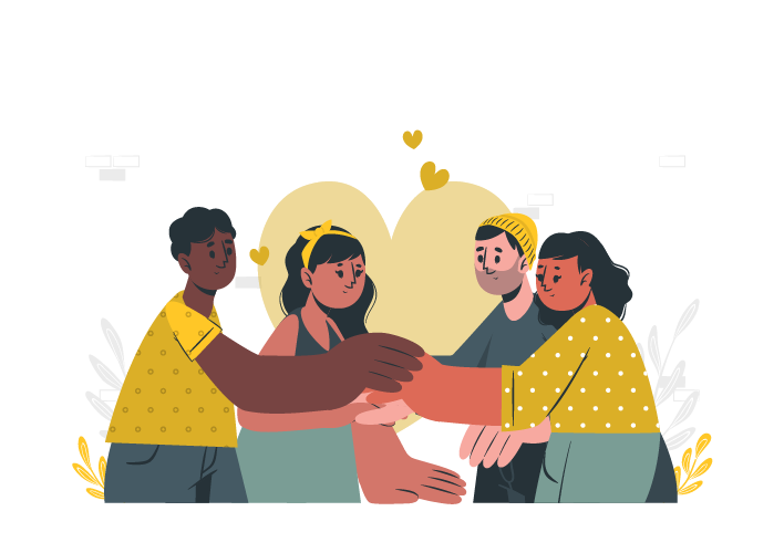 illustration of a group of diverse teens sitting in a circle holding hands demonstrating the power of building healthy relationship dynamics learned during Therapy for Teens at BainHWC