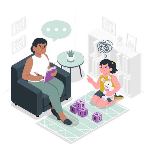illustration of young african american therapist in a therapy session with a young girl demonstrating early intervention