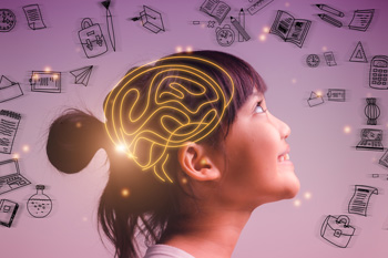 A young girl shows a multi faceted brain, surrounded by multiple images to illustrate ADHD. Learn more about ADHD in Arlington, MA and how online therapy for teens in Arlington, MA can help.