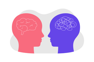 A graphic depicting an overlap of two silhouettes with brains. This could represent the overlap of neurodiversity and mental health concerns. Search for therapy for ADHD in Arlington, MA and the benefits of autism spectrum disorder in Arlington, MA.