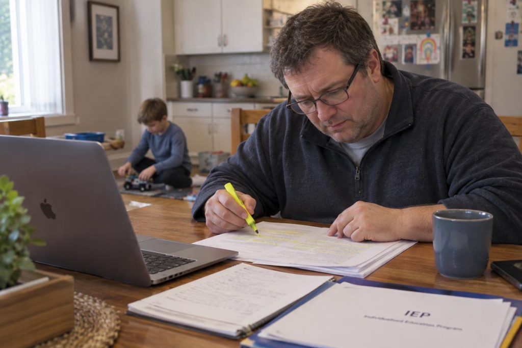 a father sits at a table completing the lengthy IEP document for this son playing in the background