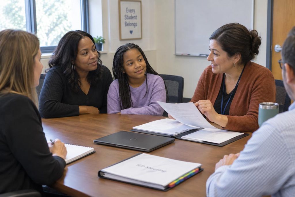 a group gathers around a table discussing the IEP for a young girl with her mother beside her